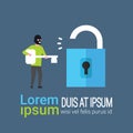 Hacker Crack Padlock Hold Key In Hands Hacking Private Database Cyber Security Concept