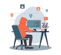 Hacker cracking passwords. Guy in hood sitting at monitor, writing program, cyber criminal, data theft, information and