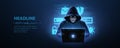 Hacker. Cyber criminal with laptop and related icons behind it. Cyber crime, hacker activity, ddos attack, digital