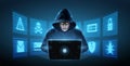 Hacker. Cyber criminal with laptop and related icons behind it. Cyber crime, hacker activity, ddos attack, digital