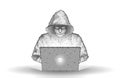 Hacker. Cyber criminal with laptop and related icons behind it. Cyber crime, hacker activity, ddos attack, digital