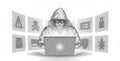 Hacker. Cyber criminal with laptop and related icons behind it. Cyber crime, hacker activity, ddos attack, digital