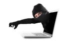 Hacker and cyber criminal man out computer screen with grabbing and stealing conceptual password hacking and cyber crime Royalty Free Stock Photo