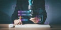 Hacker, Cyber security and data protection on internet. Person touching virtual shield, secure access, encrypted connection.