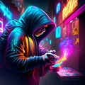 Hacker in a dark hood holding a gamepad in his hands. 3d rendering AI generated