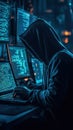 hacker in dark hoodie using laptop surrounded by screens, focused on coding