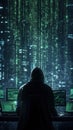 Hacker in dark hoodie using multiple laptops in digital environment