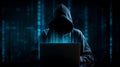Hacker in dark hoodie working on laptop with digital code streaming in cyber security concept Royalty Free Stock Photo