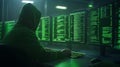 Hacker in dark room coding on multiple monitors