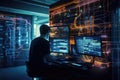 Hacker in a dark room with computers and high tech interface, Software engineer utilizing a computer in a modern data