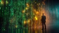 Hacker in Dark Room Facing Encrypted Data Wall