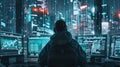Back View of Teenage Hacker Working in Computer and Infecting with Virus Data Servers of Government Infrastructures. His