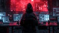 Hacker in Dark Room with Multiple Screens Generative AI Royalty Free Stock Photo