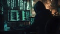 Hacker in a dark room programming malicious code on a computer screen with lines of data Royalty Free Stock Photo