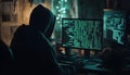 Hacker in a dark room programming malicious code on a computer screen with lines of data Royalty Free Stock Photo