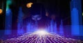 Hacker in dark room surrounded by digital binary code and virtual skyscrapers