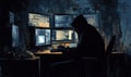Hacker in Dark Room Surrounded by Multiple Monitors Displaying Code and Data Royalty Free Stock Photo