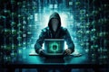 Hacker in dark room using laptop with binary code concept on background, A cyber security expert working on a laptop with digital Royalty Free Stock Photo