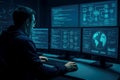 Hacker in Dark Room Working on Multiple Computer Screens with Code and Network Diagrams programmer coder Royalty Free Stock Photo