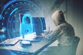 Hacker at desk using laptop with creative round digital padlock interface on blurry background. Safety, security, hacking and data Royalty Free Stock Photo