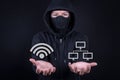 Hacker digital thief open palm gesture with wifi and network icon