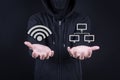 Hacker digital thief open palm gesture with wifi and network icon