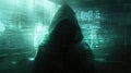A hacker in a dimly lit room, surrounded by screens displaying lines of code and digital interfaces, with a hood casting