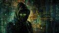 A hacker in a dimly lit room, surrounded by screens displaying lines of code and digital interfaces, with a hood casting