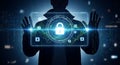 Hacker displays glowing digital padlock and network security interface Royalty Free Stock Photo