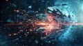 A hacker disrupts a digital shield as fragments fly, symbolizing a cybersecurity breach and the chaos of penetration