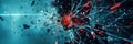 A hacker disrupts a digital shield, causing fragments to scatter as a representation of a cybersecurity threat and
