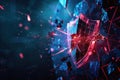 A hacker disrupts a digital shield, causing fragments to scatter in a dynamic representation of cybersecurity and threat