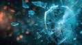A hacker disrupts a digital shield, causing fragments to scatter, illustrating the threat to cybersecurity and the need