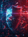 A hacker disrupts a digital shield, causing fragments to scatter in a striking display of vulnerability in cybersecurity