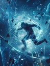 A hacker disrupts a digital shield, scattering fragments around a vibrant cybernetic background that symbolizes