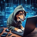 hacker dog in a hoodie will try to break through your computers cybersecurity