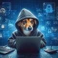 hacker dog in a hoodie will try to break through your computers cybersecurity