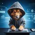 hacker dog in a hoodie will try to break through your computers cybersecurity