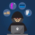 Hacker dressed in black in front of a laptop