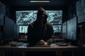 Hacker dressed in a hoodie, sitting in a dark room surrounded by monitors, coding malicious software. Ai generated