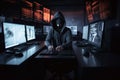 Hacker dressed in a hoodie, sitting in a dark room surrounded by monitors, coding malicious software. Ai generated