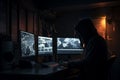 Hacker dressed in a hoodie, sitting in a dark room surrounded by monitors, coding malicious software. Ai generated