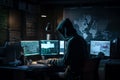 Hacker dressed in a hoodie, sitting in a dark room surrounded by monitors, coding malicious software. Ai generated