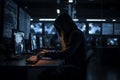 Hacker dressed in a hoodie, sitting in a dark room surrounded by monitors, coding malicious software. Ai generated