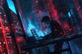 A hacker is engaged in complex tasks on multiple computer screens while surrounded by digital data streams in a dark Royalty Free Stock Photo