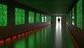 Hacker enters backdoor to server room with binary screens