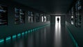 Hacker enters backdoor to server room with computercode screens