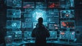 A hacker examines various digital displays showing code, graphs, and data analysis in a dimly lit environment Royalty Free Stock Photo