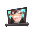 Hacker Face on Laptop Screen, Internet Crime, Computer Security Technology Cartoon Vector Illustration Royalty Free Stock Photo