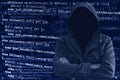 Hacker without face surrounded by source code